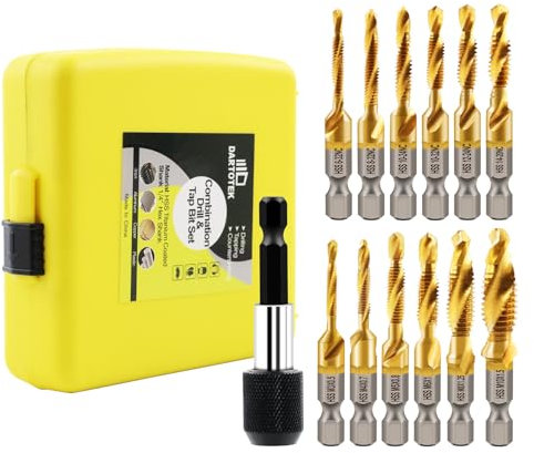 Combination Drill and Tap Bit Set,Titanium Coated Tapping Bit Tool 13pcs SAE/Metric Screw tap Drill bit for Drilling Tapping, Countersinking,with Quick Change Adapter