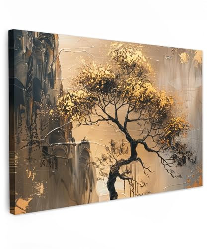MuchoWow© Leinwand Groß 120x80 cm XXL Deko Schlafzimmer Aesthetic Leinwandbilder Wohnzimmer Gemälde Foto Geschenk Living Room Decoration Kunst - Baum - Gold - Modern