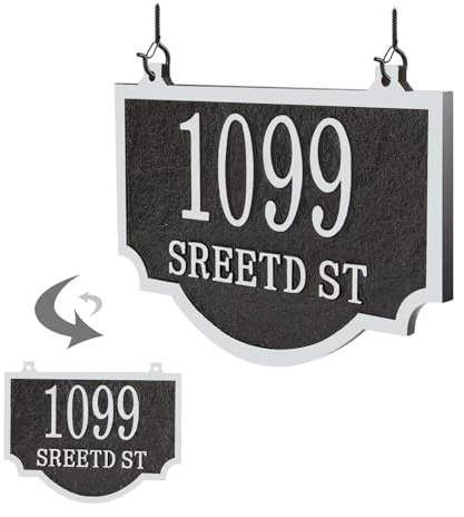 Hanging Address Plaque - House Number Sign for Outside, Mailbox, Lamp or Light Post, Yard Metal With Two Hooks - 9.8 x 6.8 Inch