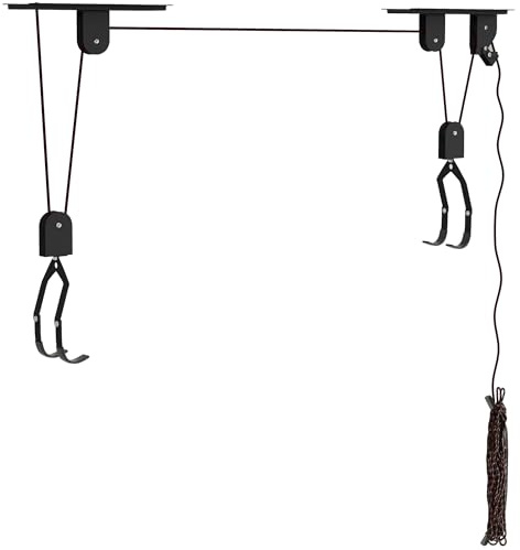 SPORTNOW Élévateur de vélo, support vélo plafond, fixation murale, mécanisme de verrouillage, ascenseur vélo avec poulie, capacité de chargement 20 kg, acier, noir