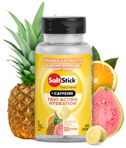 SaltStick Chewable Electrolytes with Caffeine - 60 Tropical Twist Electrolyte Energy Tablets - Just Chew It, Electrolyte Energy Chews for Hydration - 60 Count