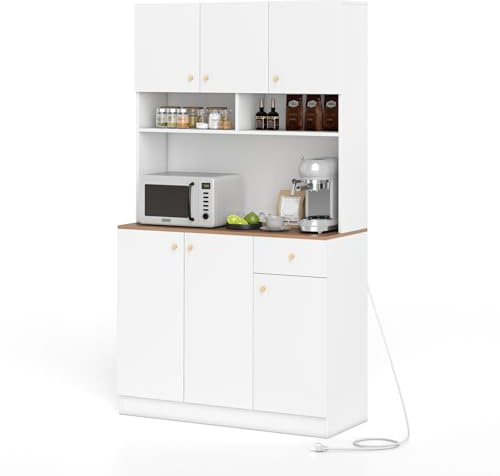 GIANTEX Armadio Alto da Cucina con Prese Elettriche, Supporto per Forno a Microonde e Ripiani Regolabili, Armadio Buffet Autoportante con Ante e Cassetto, Bianco (Bianco)