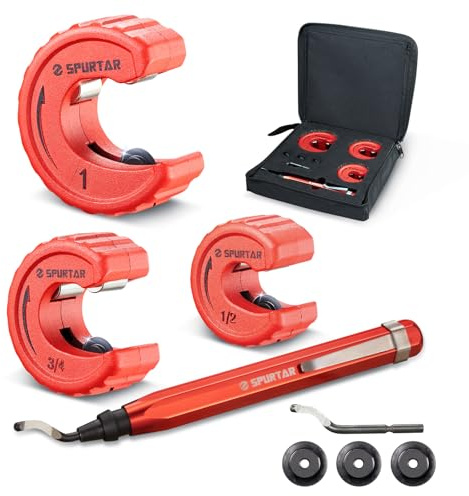 Spurtar Lot de 4 Coupe Tube Cuivre | 3 coupe-tubes en cuivre 1/2, 3/4, 1 et 1 outil d'ébavurage pour cuivre laiton aluminium tuyau en CPVC pour travaux sanitaires CVC réparations
