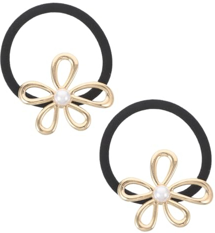 FONDOTIN Coletero elástico de 2 piezas con flor de metal con perlas, resistente a los arañazos, accesorio para el cabello para mujeres y adolescentes, color dorado