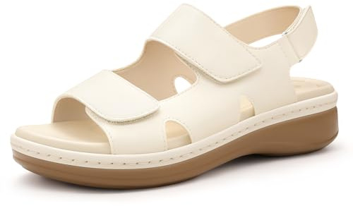 PIZZ ANNU Clara Sandalias Ortopedicas Mujer Verano Comodas Zapatos con Cuña Ligera y Velcro Ajustable Suela Antideslizante para Uso Diario Blanco sucio EU 41