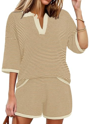 Magritta Womens Tracksuit 3/4 Sleeve Pyjamas V Neck Loungewear Sets Two Piece Outfits Striped Tops and Casual Shorts Plus Size Co Ord Sets Khaki Medium, 12-14