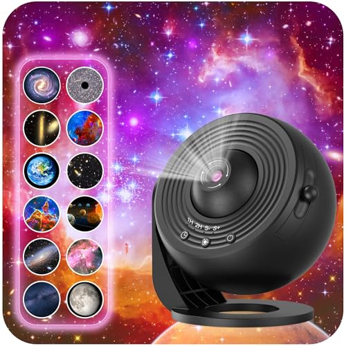 Galaxy Projector for Bedroom, HD Image Star Projector Galaxy Light Adjustable Knob, 13 Film Discs Planetarium Projector for Kids, 360° Rotating 1/2h Timer Simple 3-Button Control Deep Black