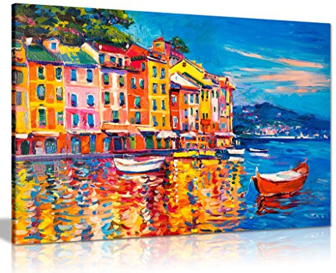 Colourful Harbour Boats Canvas Wall Art, Large Framed Print 30x20in | Panther Print, Ready to Hang, Oil Painting Style Seaside Pictures for Living Room Bedroom Hallway, Canvas Prints for Walls