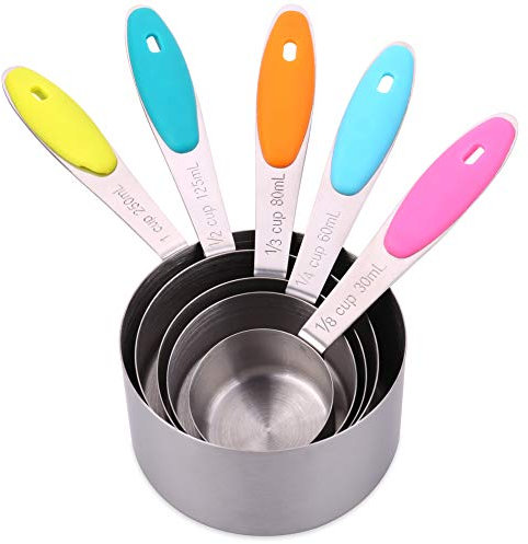 H&S Measuring Cup Set of 5 Stainless Steel Metal Measure Spoon Cups for Baking Cooking American Kitchen