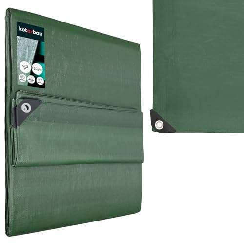 KOTARBAU® Lona Impermeable Exterior- Polietileno - 4x5 m - Verde Oliva - 120 g/m2 - Lona Suelo Piscina - Cubierta Reforzada con Ojales - Cubierta de Protección para Jardín - Resistente - Universal