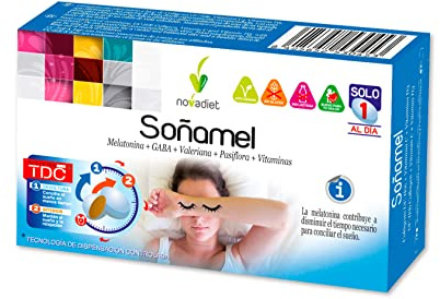 Nova diet - SOÑAMEL Comprimidos con Melatonina, GABA, Valeriana, Pasiflora y Vitaminas - Sueño Tranquilo y Reparador - Ayuda en Insomnio, Jet Lag y Calidad del Sueño - 30 Comprimidos