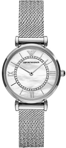 Emporio Armani Orologio da donna, movimento al quarzo a due lancette da 32 mm con cinturino in acciaio, 32 mm, Tono argento e bianco