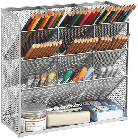 Marbrasse Organizador de Escritorio de Malla,Porta Lápices Multifuncional para Escritorio,Estante de Almacenamiento para Escuela,Hogar,Oficina,Suministros de Arte(Plateado)