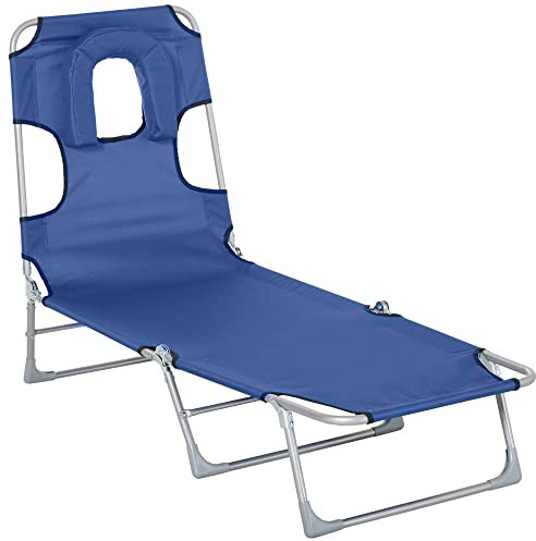 Outsunny Tumbona Reclinable y Plegable de Jardín con Orificio de Lectura Reposacabezas y Respaldo Ajustable en 5 Niveles para Playa 182x56x28 cm Azul