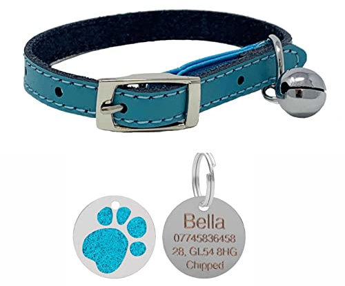 Genuine Leather Cat Collar with Safety Elastic & Bell with Personalised Engraved 25mm Glitter Paw Print Tag (Blue)