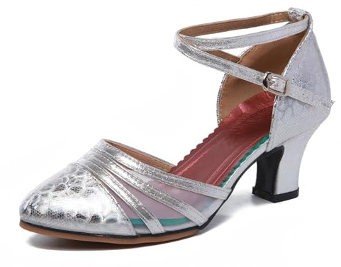 Zapato de Tacón Alto Correa Mujer Zapatos de Baile Latinos Moderno Tango Salsa Tacón Deportivo (Plata, Numeric_36)