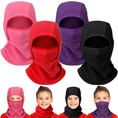 Sintege 4 Kinder Balaclava Sturmhauben Warme Fleece Gesichtshauben Winddichte Winter Skimasken (Schwarz, Lila, Rosarot, Rot)
