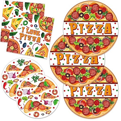 CC HOME 88PCS PIZZA Birthday Paper Plates Napkins Festival I Love Pizza Time Disposable Tableware Set Party Supplies Pizzaria Theme Dinnerware Cutlery Sets Serves 24 Guests