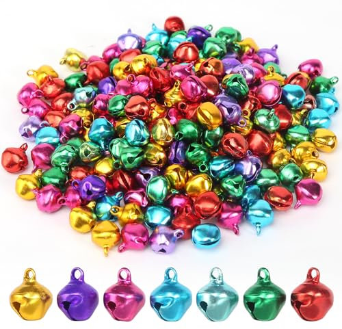 Glöckchen 200 Stück Glöckchen zum Basteln Kleine Metallglöckchen mit Öse Glöckchen Schellen Glocke für Weihnachtsdekoration DIY Handwerk Haustier Schmuckherstellung (12 mm, Farbig)