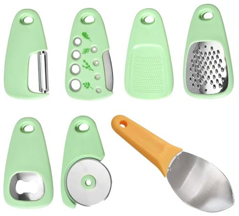 Swavitie Set di 7 Gadget da Cucina, Utensili da Cucina, Grattugia per Formaggio + Apribottiglie + Tagliapizza + Aglio e Zenzero + Taglia Rosmarino, Utensili da Cucina con Manico Antiscivolo