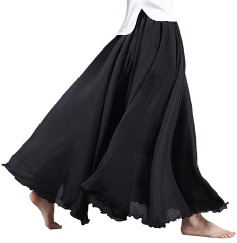 BEAUTYLAST Bohemisk bomullslinnekjol för kvinnor, elastisk midja, lång, flödande, ledig, sommar, strand, semester, svart, 85CM-Length