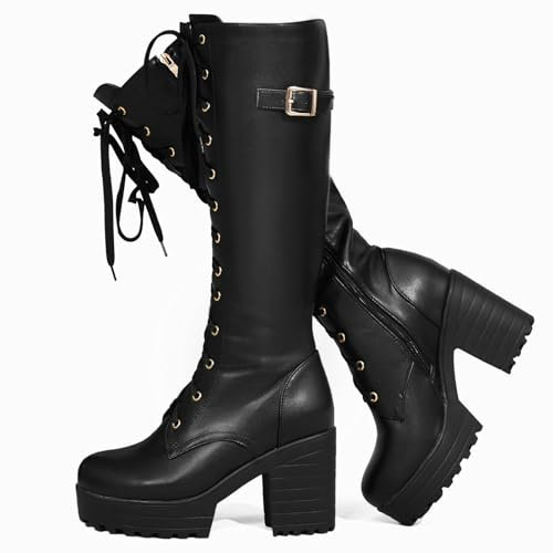 Voviggiw Modische Plateau-Stiefel für Damen, kniehoch, Schnürstiefel, klobiger Absatz, mit Schnalle, seitlichem Reißverschluss, Bikerstiefel, Schwarz , 40 EU