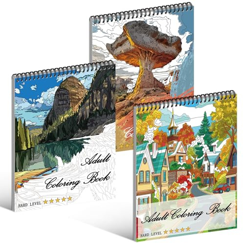 Kalysky Lot de 3 paysage livres de coloriage pour adultes, Livre à colorier haute difficulté pour artistes, Art-Thérapie, Détente Créative, Cadeau Relaxation Adultes