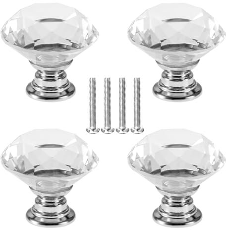 4 Piece Crystal Door and Drawer Knobs - Diamond Shaped Handles for Wardrobes, Dressers, Kitchen