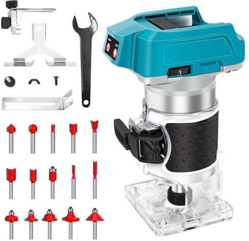 Cordless Palm Hand Routers for Makita 18V Battery with 15pcs Bits, Brushless Wood Trim Router for Wood Working Joiner Cutting, 6 Speed ​​Adjustment, 0-22000r/Min, 1/4, 6 mm, (Battery Not Included)