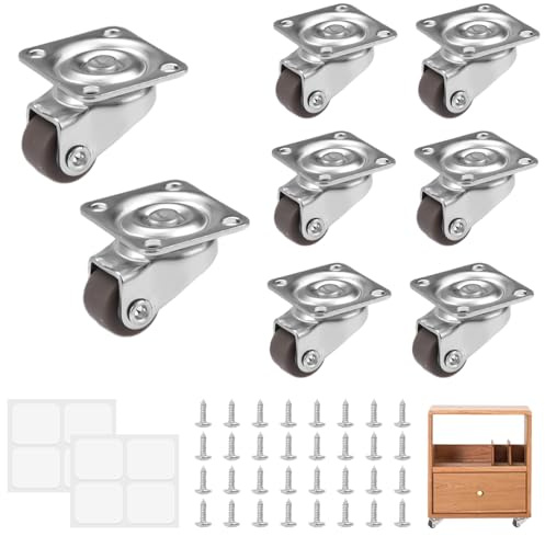 8 Stück Kleine Möbelrollen Lenkrollen, 360 Grad Mini Räder Lenkrollen, Klein Drehbar Rollenrad aus Gummi mit 32 Schrauben, Selbstklebende Geräuschlos Universal Rollen für Mini Möbel Aufbewahrungsbox