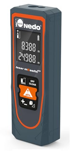 NEDO Laser mEssfix 40 – Kompakter Laser-Entfernungsmesser bis 40 m – ±3 mm Genauigkeit – Flächen-/Volumenberechnung – Pythagoras-Funktion – für Profis & Heimwerker