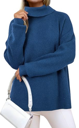Arach&Cloz Pull Femme à Col Roulé en Laine Mélangée Pull Oversize en Maille Automne Hiver en Grosse Maille(Navy Blue, M)