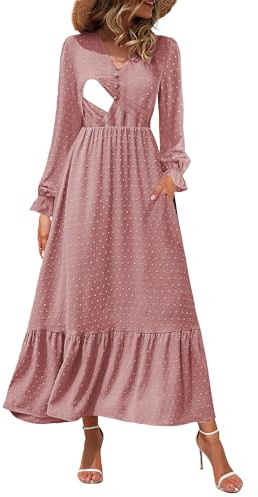 CzzzyL Maternity Nursing Friendly Dresses for Women Swiss Dot V Neck Empire Waisted Boho Long Wedding Guest Dress Button Down with Pockets S-Pink X-Large