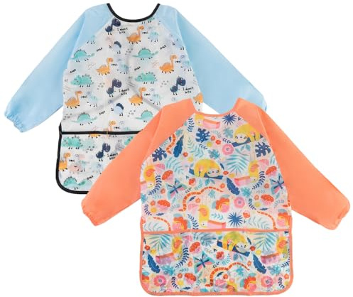 Arvoni 2 Pièces Tablier Peinture Enfant, Blouse Peinture Enfant Imperméable de 3 à 8 Ans, Tablier Manches Longues Enfants avec 3 Poches pour Peindre, Cuisiner, Manger, Arts et Artisanat