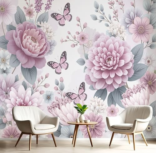 Papel Pintado Acuarela Arte, 300Anx210Al cm, Flores Mariposas Pared Murales Decorativos Pared Papel Tapiz Impermeable Para Cocina Baño, Fotomurales Pintura Arte Sala, Rosa claro