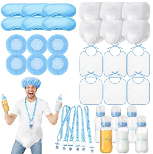 6 Sets Baby Bottle Chug Game, Juegos para Baby Shower with Plastic Baby Bottles, Bibs, Pacifier Charms, and Disposable Diaper Props for Gender Reveal & Diaper-Changing Games (Blue)