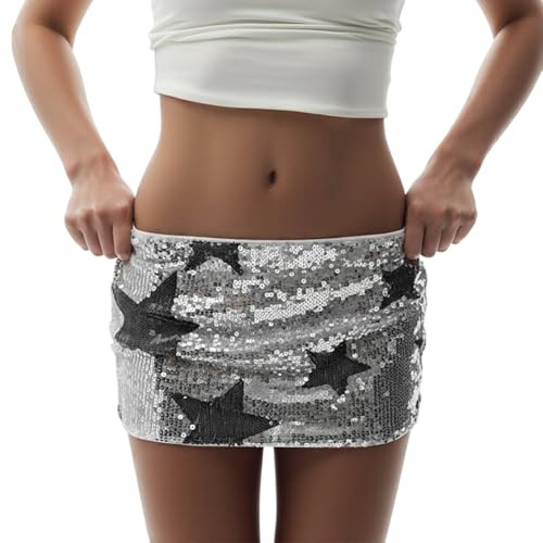 Paljettkjol för kvinnor, glitterkjol, paljettkjol, kort damer, sexig minikjol, höftkjol, sexig gailletter, kjol, glänsande gyllene kjolar, kjol för fest, rave, outfit, karneval, nyårsafton, Vit, M