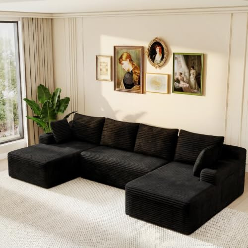 Fulasofia 339cm U Shaped Sofa with Chaise, Modular Boneless Comfort Sectional Sofa Couch, Modern Corduroy Deep Seat Couch, Convertible 4-5 Seater for Living Room (Black)