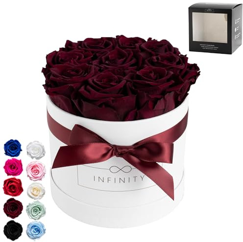 Infinity Flowerbox - 9 echte Premiumrosen in Dunkelrot - 3 Jahre haltbar ohne gießen | In Geschenkverpackung mit Satinschleife