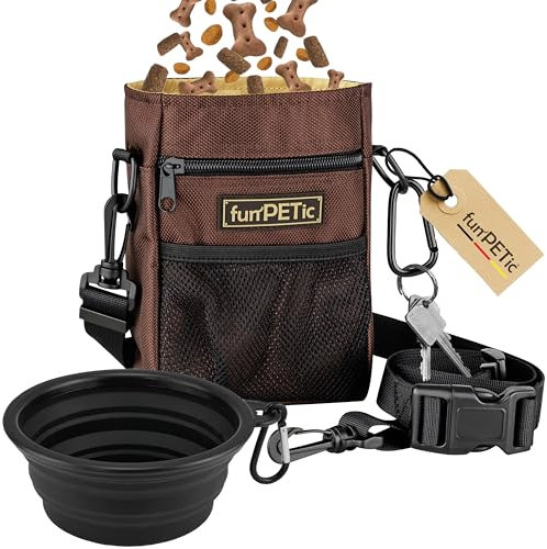 funPETic Futterbeutel + Faltbarer Napf aus Silikon, Leckerlie Beutel - Futtertasche mit 4 Fächern & Tragevarianten, gratis Karabiner, Leckerlibeutel für Hundetraining, Leckerlitasche auch für Pferde