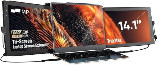 Mobile Pixels Upgraded Trio Max Portable Monitor, The On-The-Go Triple-Screen Laptop Monitor, 14 Full HD IPS Display, USB A/Type-C, Plug and Play, Sleek Design (Two Built-in Sliding displays)