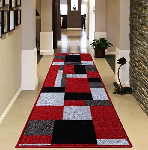 B&B Runner Rug for Hallway Geometric Pattern Hall Runner Washable Stair Carpet Runners For Living Room Bedroom Bedside (Kilas Red Black, 80 Cm X 150 Cm)