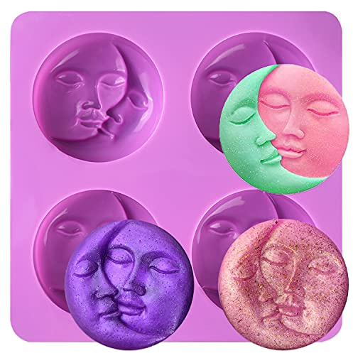 Moules à savon en silicone Sun & Moon - 4 cavités - Croissant de lune - Pour barre de lotion, bombes de bain, argile polymère, fabrication de résine de bougies