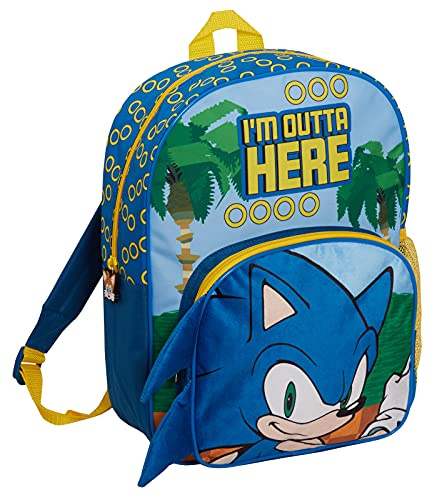 Sonic The Hedgehog Sac à dos pour enfants Grand sac d'école Sega avec anneaux dorés Sac à dos de voyage Sac de sport avec porte-boissons, bleu, taille unique