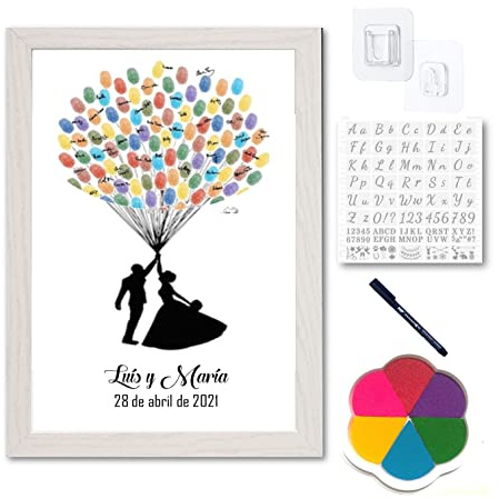 Didart Handmade Libro de visitas. Personalizable. Marco Incluido. Cuadro de huellas Boda. Tamaño A3 con almohadilla de colores, rotulador, plantilla y soporte. (MODELO GLOBO)
