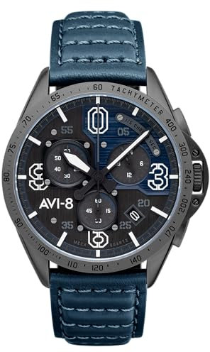 AVI-8 Herren 43mm P-51 Mustang Blakeslee Chronograph Blue Japanische Meca-Quarz Fliegeruhr mit Lederarmband AV-4077-04