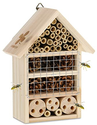 Relaxdays Insektenhotel Holz, Garten & Balkon, Bienenhotel zum Aufhängen, HxBxT: 24 x 18 x 9 cm, Marienkäferhaus, Natur