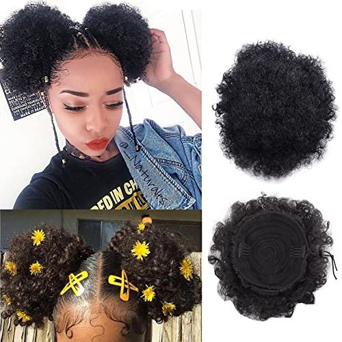 8inch Black Big Afro Puff Drawstring Ponytail Hair Extenion Short Curly Hair Bun Pony Puff Synthetic Updo Hairpieces with Clip for Women Girls (1PC))