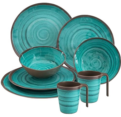 Melamin Geschirr Set für 2 Personen Steingut Optik grün-braun 8 Teile - mit Tellern und Tassen - Campinggeschirr
