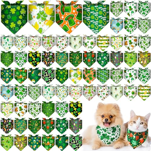 Reginary 72 Packs Valentine‘s Day Dog Bandanas Bulk St. Patrick's Day Dog Bandanas Pet Bandanas Scarf Bibs Triangle Dog Bibs Adjustable Dog Bandana for Pet Costume Accessories(Trefoil)